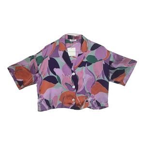 Mittoshop womens large crop button up shirt short sleeve floral multicolor brigh